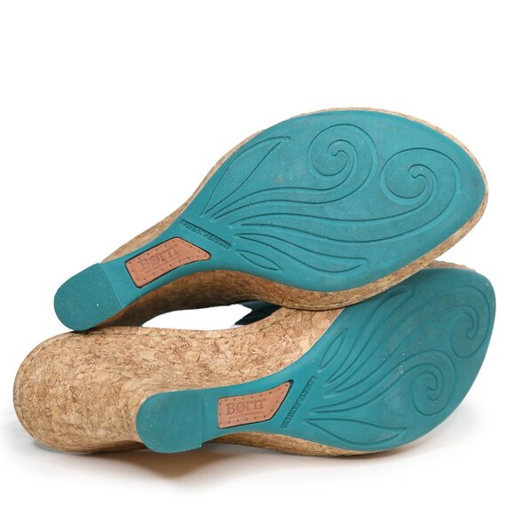 Born Driless Monte Carlo Leather Cork Wedge Sandal Turquoise Blue Strappy Mule - Picture 5 of 11